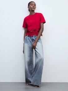 Maija Áo thun nữ tay ngắn cổ tròn màu trơn phối ren, thích hợp cho kỳ nghỉ, công sở, thường ngày và đi làm, thanh lịch và thời trang, đồng phục giáo viên nữ, áo đi chơi Giáng sinh. - Đỏ - Xem 6