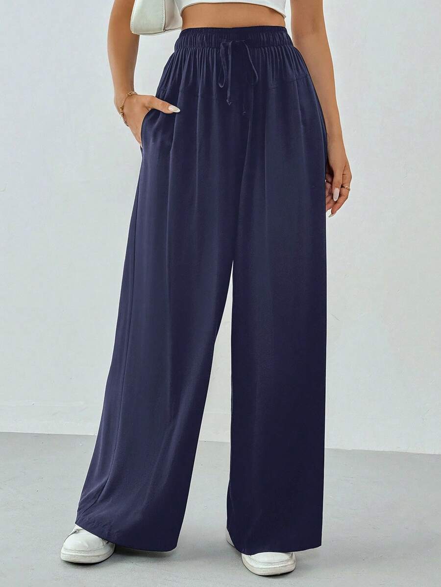 SHEIN Tall Women Spring/Summer Casual Solid Color Drawstring Wide Leg Pants Navy Blue Pants - Royal Blue - View 1