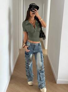 StreetHx Women Solid Color Metal Decor Pocket Slim Fit Short Sleeve T-Shirt, Spring/Summer - Green - View 5