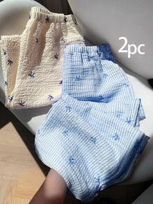 Comfortcana 2pcs/Set Women Bow Print Elastic Waist Loose Wide Leg Casual Pants