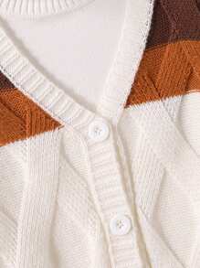 Tween Boy V-Neck Cardigan With Inter-Color Stripes, Personalized Design, Fried Dough Twists Pattern, Fashion, Cool, Y2Y, College Style, Casual, Versatile, Suitable For Outdoor Play, Suitable For Party, Suitable For Graduation Party, Suitable For Seaside, Suitable For Sports, Suitable For Speech, Knit, Sweater, Autumn And Winter Fall - White - View 4