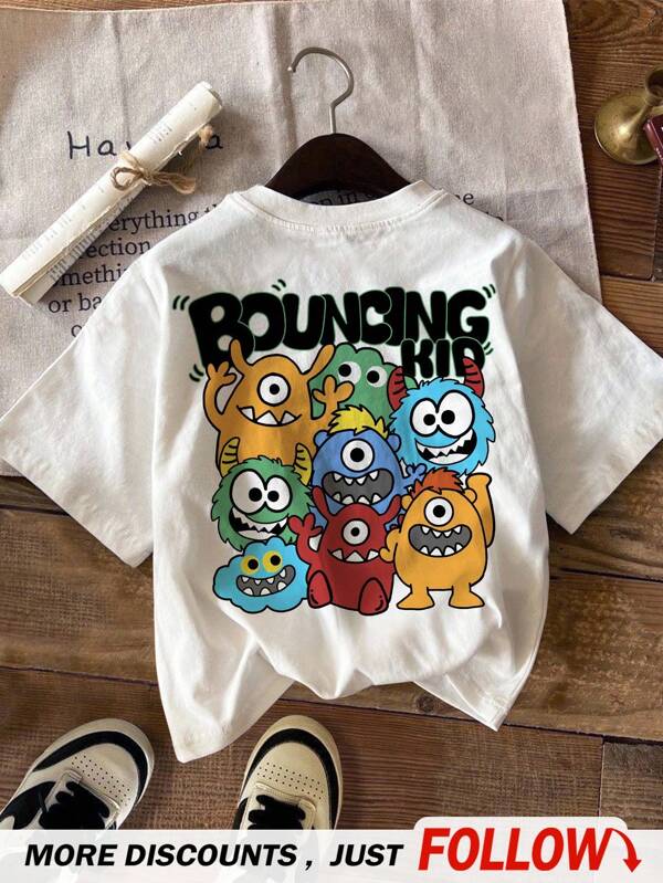 SHEIN Young Boy Casual Cartoon Graphic Print Round Neck Short Sleeve T-Shirt, Cotton Blend, Suitable For Summer