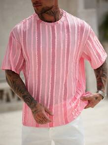 Manfinity RSRT 男士休闲度假风 INS 圆领短袖 T 恤，完美适用于夏威夷海滩度假、音乐节和日常穿着。 - 粉色 - 查看 4