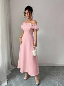 Elenzga 2025 新款优雅法式花卉露肩 A 字粉色连衣裙，适合约会、郊游、度假、花园、家庭聚会、劳动节、派对、婚礼、节日、独立日、返校、教师装、万圣节、感恩节 - 粉色 - 查看 6