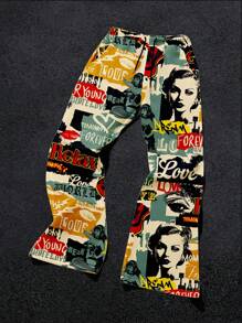 Manfinity ZONE917 Men's Retro Portrait Allover Print Loose Sweatpants, Suitable For Autumn/Winter