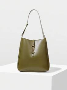 MOTF PREMIUM BUCKLE PU LEATHER SHOULDER BAG, WORK COMMUTER BAG - Olive Green - View 2