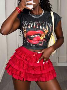 Slaydiva 2025 Summer New Street Casual Snow-Washed Fabric Lips Pattern Sleeveless Loose Vest + Multi-Layer Ruffle Stitching Lace Skirt Women Two Pieces Set,Suitable For Daily Outings, Holiday Party, Music Festivals, Travel, Graduation Outfit, Friends Gatherings, Birthday Parties, Beach, Airport Outfit, Vacation, Boho, Back To School-B