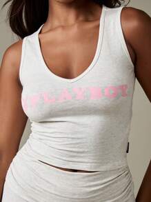 Missguided x Playboy Women Tank Top V Neck Casual Cropped Cotton Blend Basic Summer Style Stretchy Fabric Ruched Design Ribbed Knit Double Layer With Logo Print - Light Grey - View 1