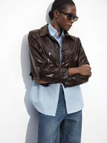 Maija Chaqueta de manga larga con bolsillo tridimensional y estampado de piel de serpiente marrón de estilo urbano para mujer, de moda y versátil, para otoño/invierno y festivales - Marrón Chocolate - Ver 4