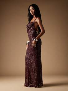 MISSGUIDED Vestido longo de festa com decote em V e lantejoulas, sem costas, comprimento até o chão, sereia, baile de formatura, formal, para convidada de casamento, com brilho, corte slim - Roxa - Ver 4