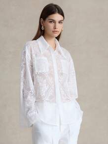 Briarwyn Women's Hollow Out Drop Shoulder Long Sleeve Single Breasted Pocket Loose Blouse,White,Autumn,Elegant,Tea Party,Fall,Back To School,Old Money Style - White - View 2