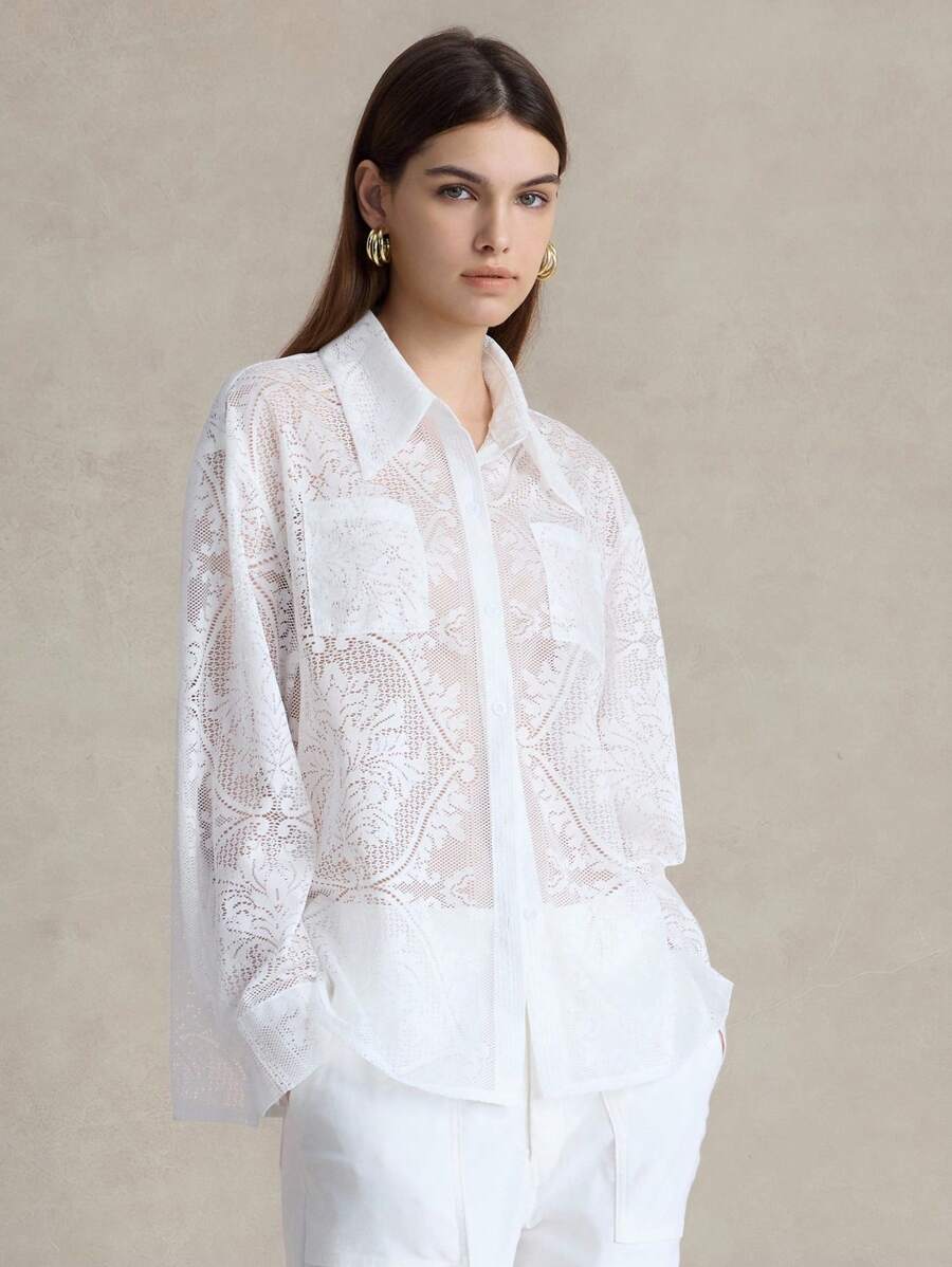 Briarwyn Women's Hollow Out Drop Shoulder Long Sleeve Single Breasted Pocket Loose Blouse,White,Autumn,Elegant,Tea Party,Fall,Back To School,Old Money Style