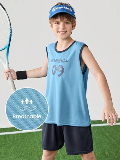 JNSQ Back To School Outdoor Sports Short Sleeve T-Shirt And Shorts Set For Tween Boys, Children Round Neck Patchwork Contrast Color Funny Letter And Number Graphic Outdoor Sports T-Shirt And Shorts Set