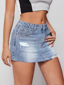 SHEIN ICON Mini jupe déchirée à volants en jean grande taille - Jean clair - Voir 4