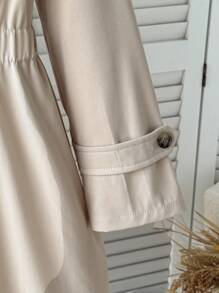 SHEIN Jaket Trench Coat Panjang Berkerah Warna Polos Longgar Kasual untuk Anak Perempuan Remaja, Warna Beige, Mantel Lucu, Pakaian Musim Gugur/Dingin - Khaki - View 4