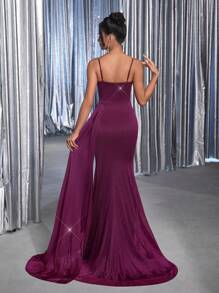 Glamrae 优雅奢华深紫色飘逸雪纺细肩带荷叶边装饰女士正式晚礼服，配领带丝带 - 紫色 - 查看 4