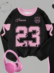 SHEIN Explorewe 1 套女童休闲字母蝴蝶结印花圆领卫衣和裤子套装，粉色和黑色拼色，适合秋冬