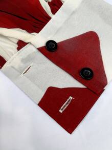 INAWLY Áo cánh rộng tay đèn lồng họa tiết hình học thời trang cho nữ, hàng khuy đơn - Đỏ - Xem 5