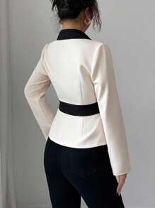 Elenzga Women Elegant Contrast Color Long Sleeve Fitted Collared Shirt, Simple & Refined Office Lady Style, Spring/Summer Fall Cloth For Women - Multicolor - View 2