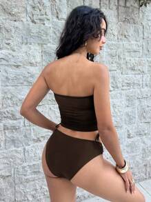 Bonvoyette 纯色荷叶边扭纹抹胸上衣和三角形比基尼泳装套装 - 棕色 - 查看 2
