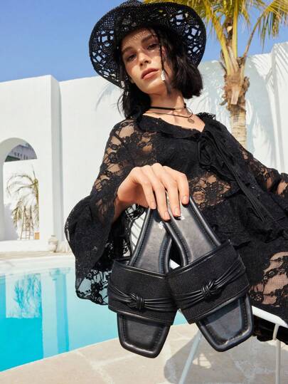 Styleloop Sandalias planas con tiras retorcidas negras para mujer, adecuadas para la playa, exteriores, vestidos bohemios, simples y de moda para uso casual diario