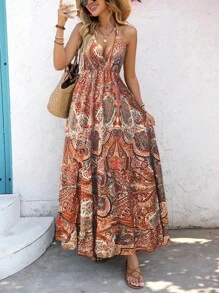 Breezaya Women's Paisley Print Spaghetti Strap Backless Tie Tassel A-Line Dress, Vacation Style, Spring/Summer Summer Dress