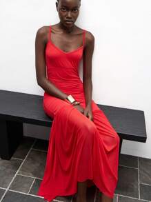 Lumivelle Women's Elegant Red Spaghetti Strap Long Dress With Ruched Bodice And Flowing Sheer Mermaid Hem, A Sophisticated Knitted Maxi For Evening Events. Summer Dress Clothes For University - Red - View 1