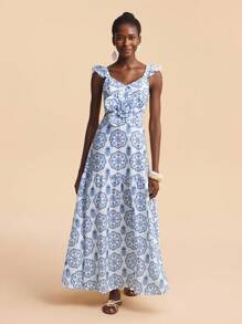 Travachic V领女式连衣裙，3D花卉贴花，泡泡袖，纹理面料，休闲度假连衣裙 - 藍白色 - 查看 4