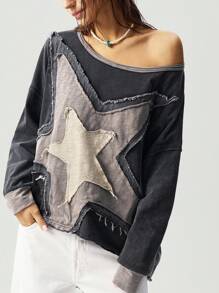 Bohemela Plus Size Women's Asymmetrical Neck Star Patch Loose Long Sleeve Casual Blouse Patchwork Top Star Top,Fall Clothes For Women - Dark Grey - View 3