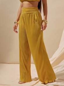 Vixey Solid Pleated Yellow Satin Side Zipper High Waist Wide Leg Pants - Yellow - View 4