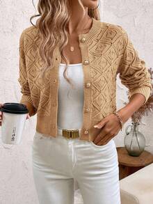 SHEIN Clasi 秋冬休闲纯色心形镂空针织短款开衫 - 駝色 - 查看 3