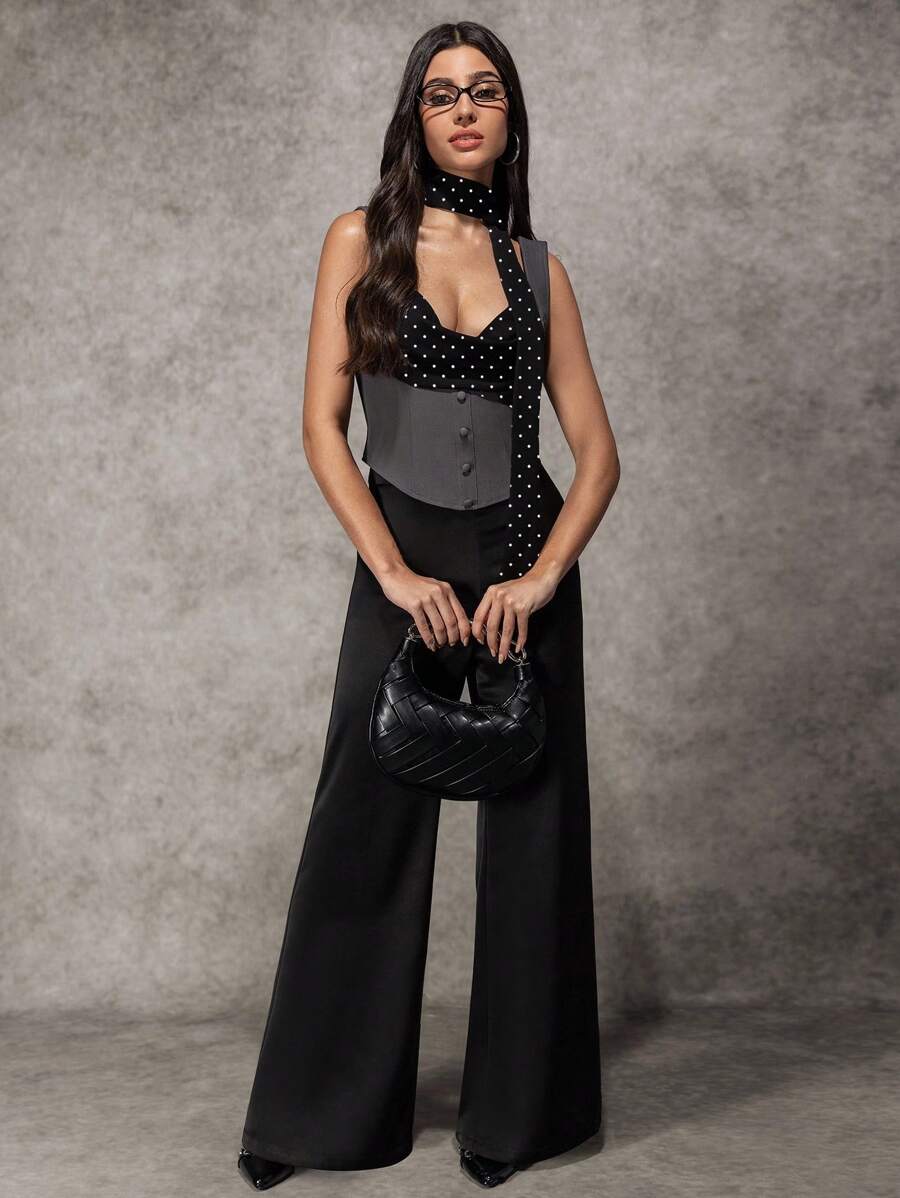 Avenya Áo Bustier Style có họa tiết chấm bi ngẫu nhiên - Màu xám đen - Xem 1