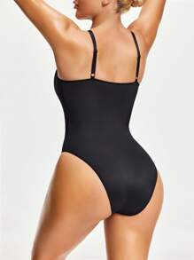 SHAPORA Women's Solid Color V-Neck Vest Body Suit - Black - View 2