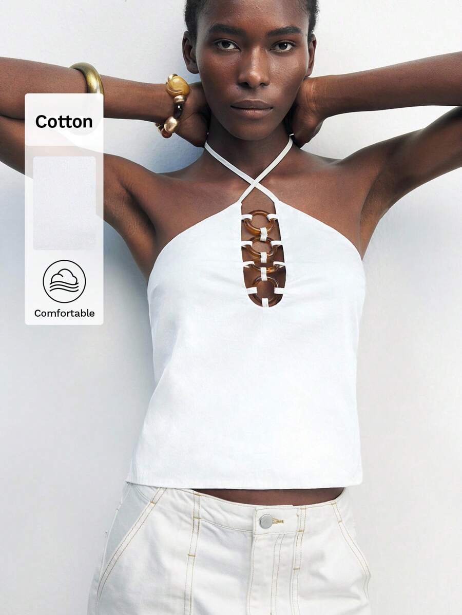 Maija Blusa asimétrica con decoración de anillo de ámbar de resina y lazo en el cuello, estilo moderno, elegante, urbano, romántico y refinado para otoño/invierno 2025. Ideal para festivales de música country, viajes, bodas, cumpleaños, negocios, oficina, citas, salidas, aeropuerto y regreso a clases.