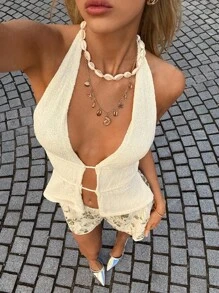 女式露背系带吊带针织上衣，适合夏秋季 - 杏色 - 查看 4