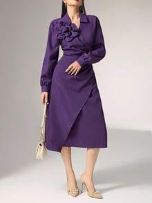 Heiryn 3D Floral V-Neck Long Sleeve Dress For Women - Purple - View 3