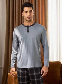 Bộ đồ ngủ dài tay và quần dài kẻ caro chắp vá cho nam, trang phục mùa thu - Màu xám đen - Xem 4