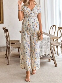 SHEIN 花卉印花 V 领孕妇连体裤，宽松休闲短袖连体衣 - 彩色 - 查看 5