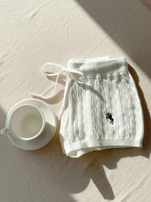 Comfortcana Pantalones cortos de punto con detalles bordados, cómodos pantalones cortos para el verano, otoño e invierno - Blanco - Ver 3