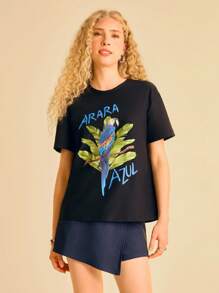 CAJUNI Tricou negru pentru femei, guler rotund, mânecă scurtă, tricou de vară, casual, lejer, cu imprimeu de papagal și botanică, tricou grafic, mărimea S, tricou grafic pentru femei, tricou grafic pentru femei, tricou grafic - Negru - Vizualizare 8