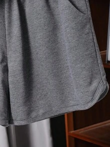 2 Stücke/Set Teenager Mädchen Lässiges, weites Rundhals Kurzarm T-Shirt & Shorts mit elastischem Bund und Tasche, Sommer Sportbekleidung Set - Dunkelgrau - Übersicht 6