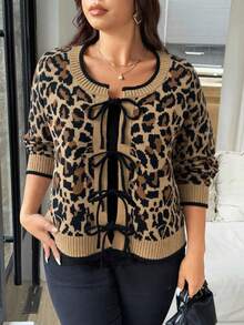 Vionelle Cardigan tricotat cu imprimeu leopard francez și fundă, mărime mare pentru femei, pulover cu mânecă lungă, casual la modă, versatil, toamnă/iarnă