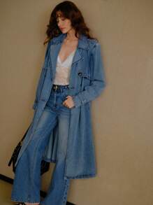MOTF PREMIUM CASUAL ELEGANT LOOSE DOUBLE BREASTED PLACKET BELTED DENIM TRENCH COAT - Blue - View 1