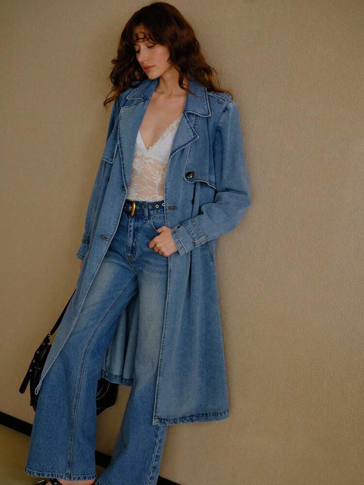 CASUAL ELEGANT LOOSE DOUBLE BREASTED PLACKET BELTED DENIM TRENCH COAT