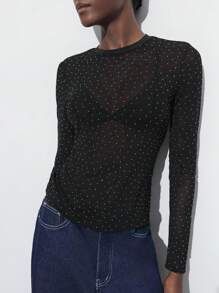 Maija 女式黑色闪亮拼接百搭紧身衣，派对俱乐部装，可单独穿着或分层穿着，黑色闪亮水钻装饰紧身套头衫，女士服装情人节休闲女士旧款