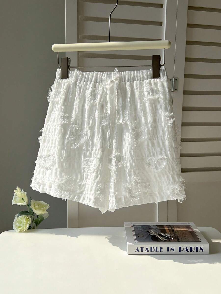 Flirla Plus Size Summer Casual Solid Color Heart Texture Shorts - White - View 1
