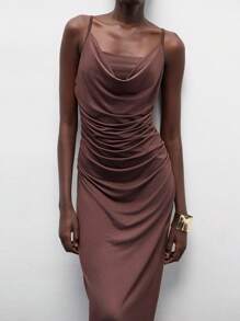 Lumivelle Women's Chocolate Brown Summer Elegant Tropical Cocktail Vintage Knit Camisole Dress,Fitted Bodycon French Pleated Decor Spaghetti Strap Midi Dress - Brown - View 3