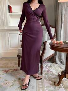 DAZY 蕾丝拼接腰部褶皱设计长款束腰女士睡裙，秋冬季舒适保暖服饰 - 紫色 - 查看 3