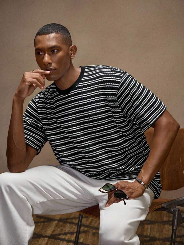 AKNOTIC Business Casual Men's Striped Loose Casual Crew Neck Short Sleeve T-Shirt, Suitable For Summer