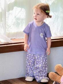 SHEIN 2pcs Baby Girls Toddler Newborn 0-3 Years Old Spring/Summer Casual Home Cute Daisy Graphic Short Sleeve T-Shirt And Pant Sets - Purple - View 1